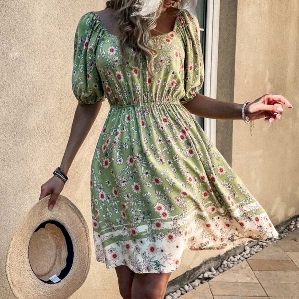 Women's green floral off the shoulder dress